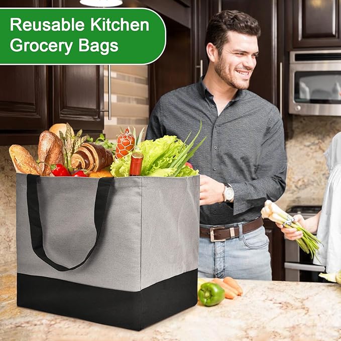 3 Pack Canvas Reusable Grocery Bags Heavy Duty, 8.3 gal Foldable Large Tote Bag with Handles, Holds 60 lbs Canvas Shopping Bags & Washable Eco-friendly Bags with 5 Pockets, Grey+Black