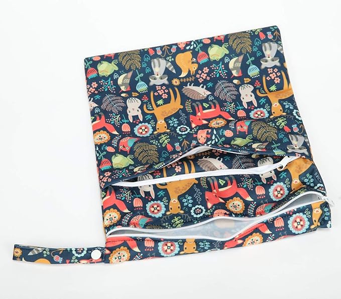 Wet Bag Baby Cloth Diaper Nappy Insert Reusable Washable With Two Zipper Pockets (Forest Animal Fox Owl)