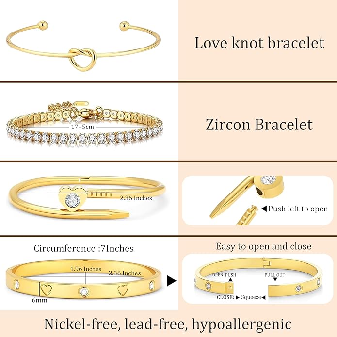 18 K Gold Plated Love Bangle Bracelet Stack Cuff Jewelry for Women Jewelry Set for Women Gift with Box