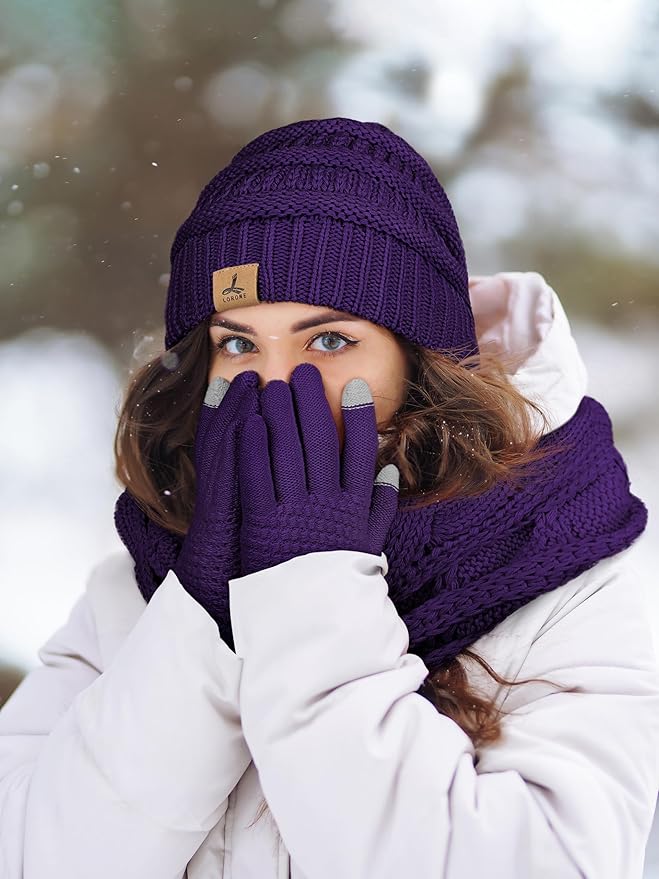 Winter Beanie Hat Scarf Gloves, Warm Fleece Knit Hats Touch Screen Gloves Neck Scarf Set Winter Gifts for Unisex Adult