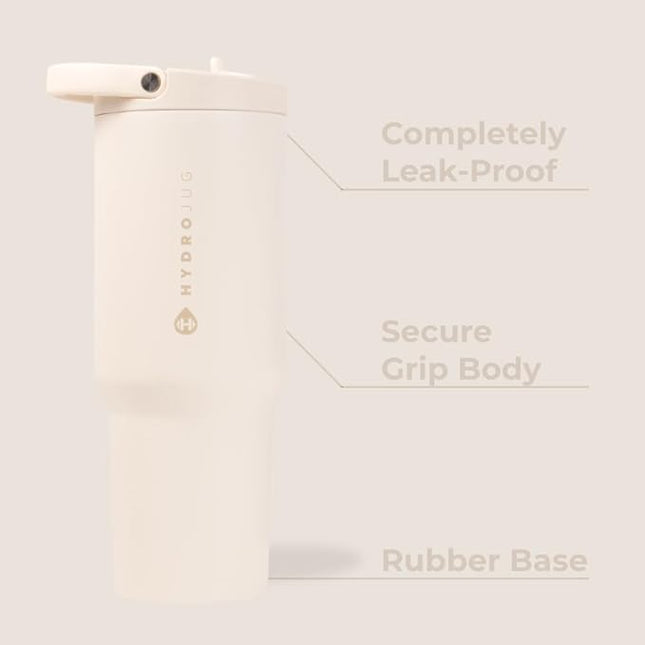 HydroJug Sport - Stainless Steel Tumbler with Straw, Vacuum Insulated, 40oz Leakproof Water Bottle, Ergonomic Design, Reusable, Dishwasher Safe, Rubber Base, Durable for Gym or Outdoors, Cream