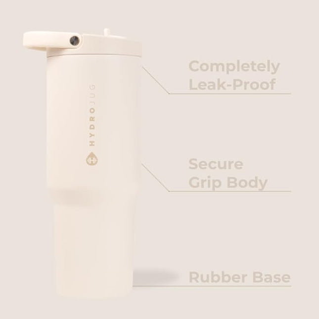 HydroJug Sport - Stainless Steel Tumbler with Straw, Vacuum Insulated, 32oz Leakproof Water Bottle, Ergonomic Design, Reusable, Dishwasher Safe, Rubber Base, Durable for Gym or Outdoors, Cream