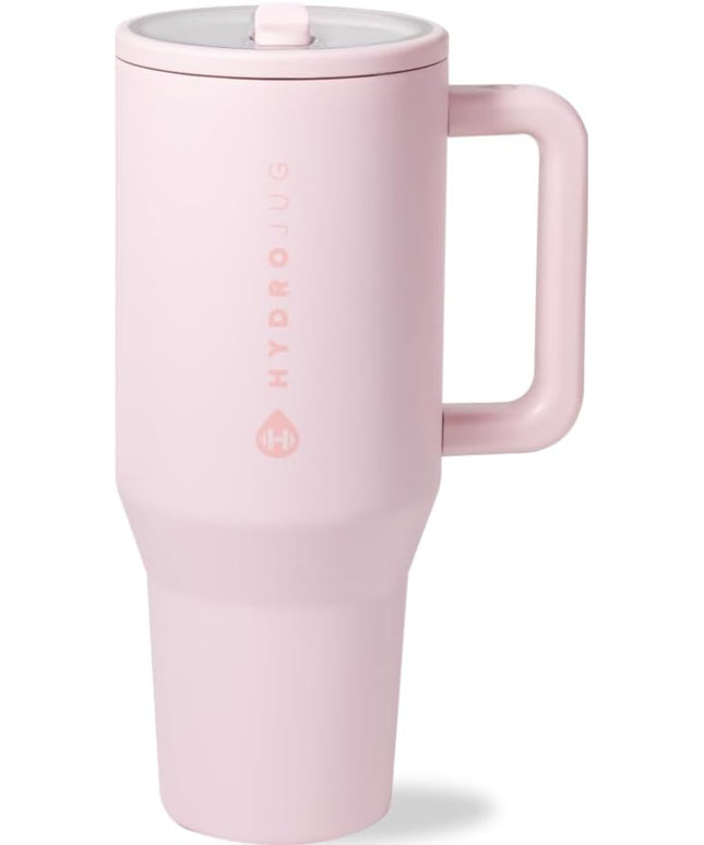 HydroJug Traveler - 32 oz Water Bottle with Handle & Flip Straw - Fits in Cup Holder, Leak Resistant Tumbler-Reusable Insulated Stainless Steel & Rubber Base - Gifts for Women & Men, Pink Sand