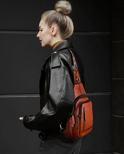 HESHE Leather Sling Bag for Women Crossbody Bags with Multi-Pocket Stylish Fanny Packs for Travel Chest Bag