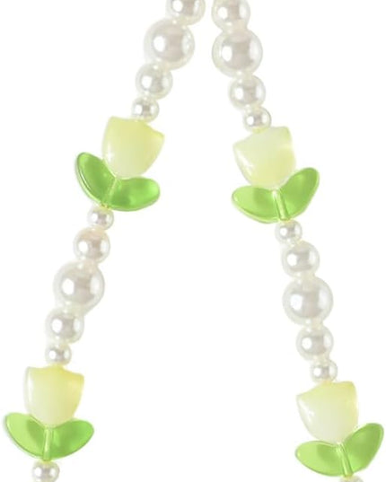 Beaded Phone Charms Cute Aesthetic Tulip Lanyard Strap Girl Wrist Chain, Phone Keychain Decoration for Wallet AirPods-Yellow