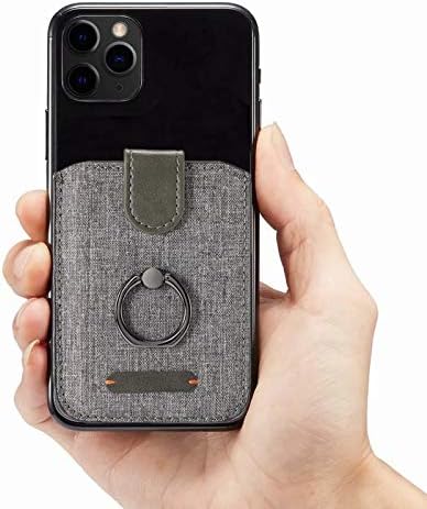 BIAJIYA Card Holder for Back of Phone RFID 5 Pull Credit Card Cash Cell Wallet Pocket Canva Leather Case for Smartphones (Gray)