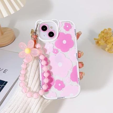 for iPhone 14 Case, Cute Clear Blue Floral Bear Camera Lens Case with Lovely Flower Wrist Strap Bracelet Chain for Women Girly,Shockproof Cover-Pink