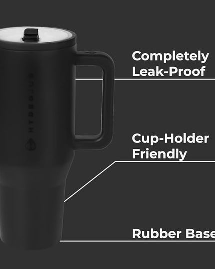 HydroJug Traveler - 40 oz Water Bottle with Handle & Flip Straw - Fits in Cup Holder, Leak Resistant Tumbler-Reusable Insulated Stainless Steel & Rubber Base - Gifts for Women & Men, Black