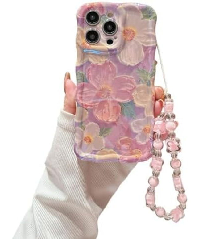 for iPhone 11 Wavy Case, [Curly Protection Frame][Vintage Glossy Oil Painting Floral Print] with Lovely Bead Chain for Grils and Women (Pink)