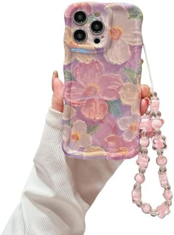 for iPhone 16 Pro Max Wavy Case, [Curly Protection Frame][Vintage Glossy Oil Painting Floral Print] with Lovely Bead Chain for Grils and Women (Pink)
