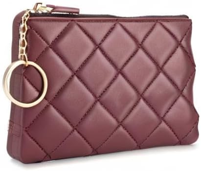 DORIS&JACKY Soft Lambskin Leather Coin Purse Small Quilted RFID Blocking Top Zipper Wallet With Key Chain