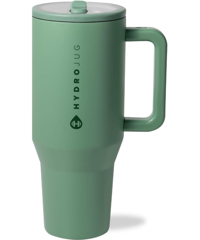 HydroJug Traveler - 40 oz Water Bottle with Handle & Flip Straw - Fits in Cup Holder, Leak Resistant Tumbler-Reusable Insulated Stainless Steel & Rubber Base - Gifts for Women & Men, Sage