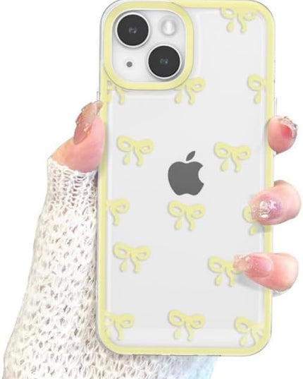 Designed for iPhone Case,Clear Cute Ribbon Bowknot Pattern Aesthetic Transparent Phone Case Raised Camera Protection Stylish Slim Soft Phone Case (Yellow,iPhone 15 Pro Max)