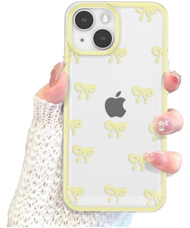 Designed for iPhone Case,Clear Cute Ribbon Bowknot Pattern Aesthetic Transparent Phone Case Raised Camera Protection Stylish Slim Soft Phone Case (Yellow,iPhone 15 Pro)