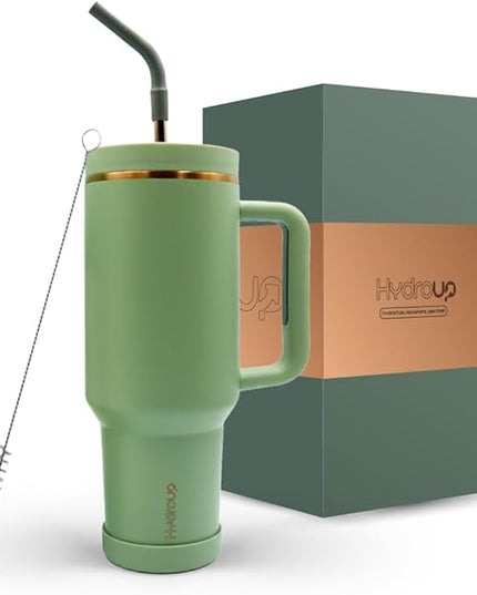 40oz Travel Tumbler Cup with Handle, Two-Way Slider Lid, Stainless Steel Straw with Silicone Tip, Vacuum Insulated Water Bottle for Hot & Cold Drinks, Great Gifts for Mom (Green Gold)
