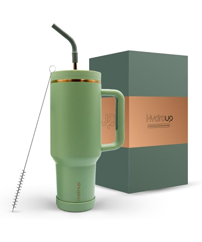 40oz Travel Tumbler Cup with Handle, Two-Way Slider Lid, Stainless Steel Straw with Silicone Tip, Vacuum Insulated Water Bottle for Hot & Cold Drinks, Great Gifts for Mom (Green Gold)