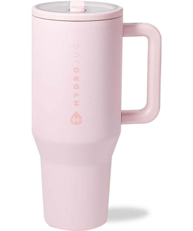 HydroJug Traveler - 40 oz Water Bottle with Handle & Flip Straw - Fits in Cup Holder, Leak Resistant Tumbler-Reusable Insulated Stainless Steel & Rubber Base - Gifts for Women & Men, Pink Sand