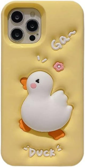 Case Compatible with iPhone 15 Pro,Cute 3D Kawaii Funny Whit Duck Cartoon Cover with Keychain Soft Silicone Gel Drop Protector Women Girls