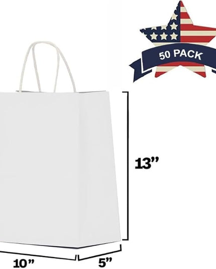Qutuus 10x5x13 White Paper Bags 50 Pcs Gift Bags with Handles Bulk Large Paper Bags for Shopping, Retail, Merchandise, Paper Sack, White Kraft Bags