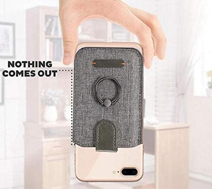 BIAJIYA Card Holder for Back of Phone RFID 5 Pull Credit Card Cash Cell Wallet Pocket Canva Leather Case for Smartphones (Gray)