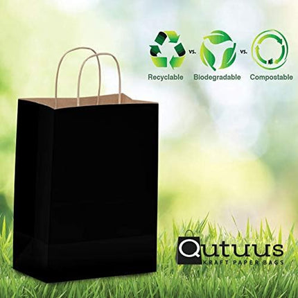 Qutuus Black Gift Bags with Handles - 25 Pcs 8"x4.5"x10" Black Paper Bags, Shopping Bags, Party Bags, Favor Bags, Goody Bags, Cub, Business Bags, Kraft Bags, Retail Bags, Paper Gift Bags