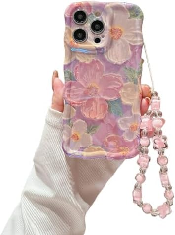 Compatible with iPhone 14 Pro Max Pink Wavy Case Curly Protection Frame, Vintage Glossy Oil Painting Floral Print, with Lovely Bead Chain, for Grils and Women