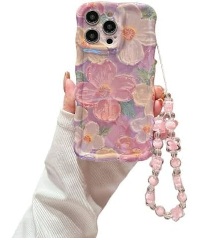 Compatible with iPhone 14 Pro Max Pink Wavy Case Curly Protection Frame, Vintage Glossy Oil Painting Floral Print, with Lovely Bead Chain, for Grils and Women