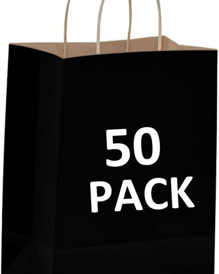 Qutuus Black Paper Gift Bags with Handles 50 Pcs 8x4.5x10 inches Black Kraft Bag with Handles Bulk for Shopping, Party Favor, Retails Kraft Paper Bags