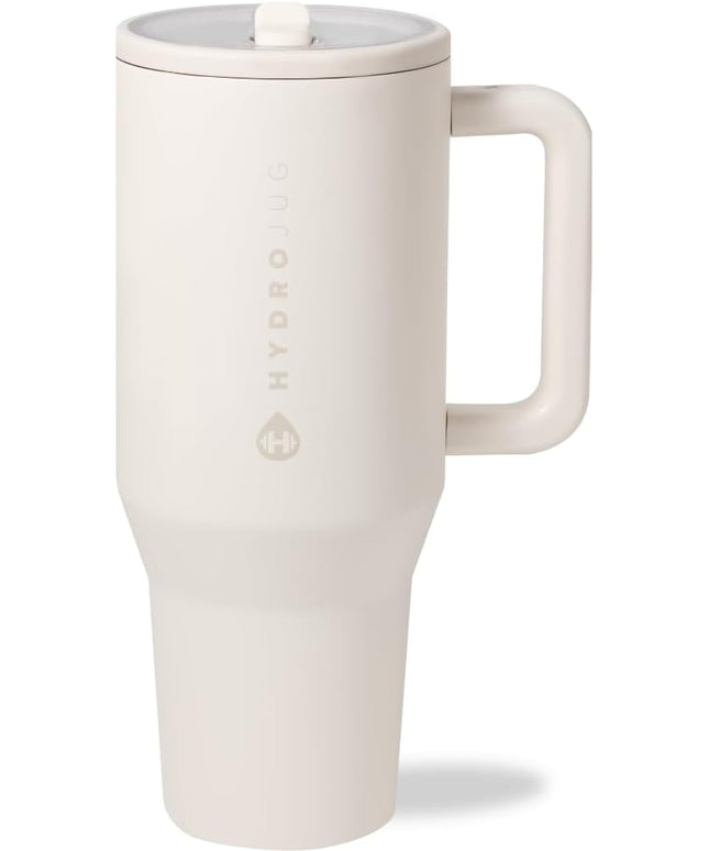 HydroJug Traveler - 40 oz Water Bottle with Handle & Flip Straw - Fits in Cup Holder, Leak Resistant Tumbler-Reusable Insulated Stainless Steel & Rubber Base - Gifts for Women & Men, Cream