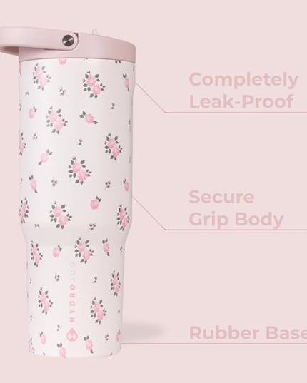 HydroJug Sport - Stainless Steel Tumbler with Straw, Vacuum Insulated, 40oz Leakproof Water Bottle, Ergonomic Design, Reusable, Dishwasher Safe, Rubber Base, Durable for Gym or Outdoors, Wildrose