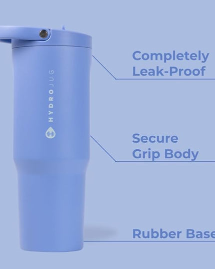 HydroJug Sport - Stainless Steel Tumbler with Straw, Vacuum Insulated, 32oz Leakproof Water Bottle, Ergonomic Design, Reusable, Dishwasher Safe, Rubber Base, Durable for Gym or Outdoors, Light Blue