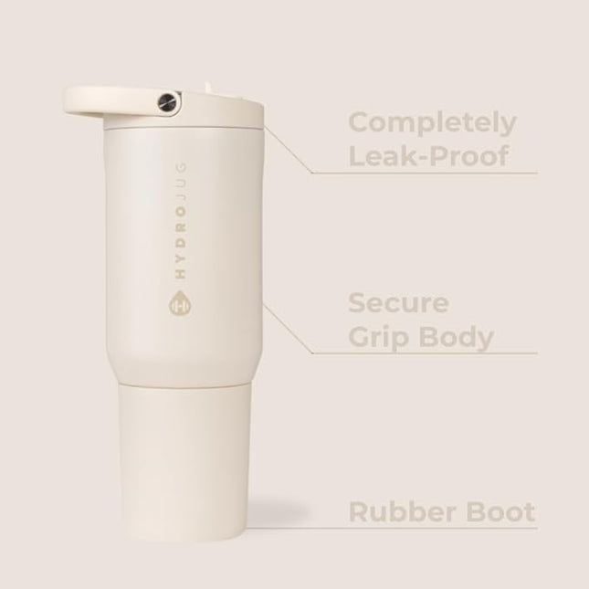 HydroJug Sport - Stainless Steel Tumbler with Straw, Vacuum Insulated, 20oz Leakproof Water Bottle, Ergonomic Design, Reusable, Dishwasher Safe, Rubber Base, Durable for Gym or Outdoors, Cream