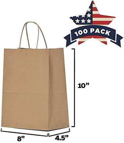 Qutuus Medium Gift Bags with Handles 8x4.5x10 Inch 100 pcs Brown Gift Bags Bulk, Kraft Paper Bags, Brown Paper Bags for Shopping, Wedding, Retail, Party Favor, Small Business