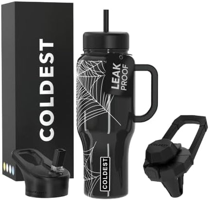 Coldest Tumbler with Handle and Straw, 100% Leak Proof Insulated Tumbler with Lid and Straw (3 Lids), Stainless Steel Tumblers for Women & Men, Cup Holder Friendly Base, 36 oz (Haunted Webs)