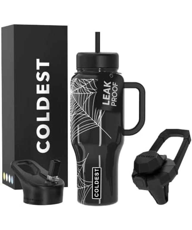 Coldest Tumbler with Handle and Straw, 100% Leak Proof Insulated Tumbler with Lid and Straw (3 Lids), Stainless Steel Tumblers for Women & Men, Cup Holder Friendly Base, 36 oz (Haunted Webs)
