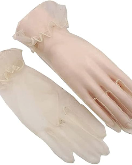 Women's Summer Tulle Gloves Pleated Ruffle Full Finger Wrist Length Opera Party Gloves