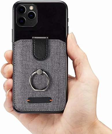 BIAJIYA Card Holder for Back of Phone RFID 5 Pull Credit Card Cash Cell Wallet Pocket Canva Leather Case for Smartphones (Dark)