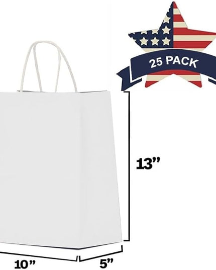 Qutuus Gift Bags 25Pcs 10x5x13 White Paper Bags with Handles, Kraft Sack for Shopping, Wedding, Retail, White Paper Gift Bags with Handles Bulk