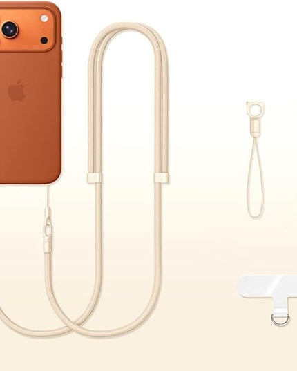 Phone Lanyard Phone Strap Crossbody Compatible with iPhone 17/Air/Pro/Max All Phone Cases with 2 Charms Dual Holes 1 TPU Tab 360° Hook Adjustable Hands-Free Shoulder Neck Camera Strap Anti Theft Beige