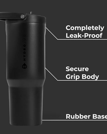 HydroJug Sport - Stainless Steel Tumbler with Straw, Vacuum Insulated, 40oz Leakproof Water Bottle, Ergonomic Design, Reusable, Dishwasher Safe, Rubber Base, Durable for Gym or Outdoors, Black