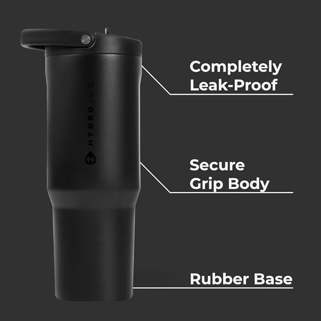 HydroJug Sport - Stainless Steel Tumbler with Straw, Vacuum Insulated, 40oz Leakproof Water Bottle, Ergonomic Design, Reusable, Dishwasher Safe, Rubber Base, Durable for Gym or Outdoors, Black