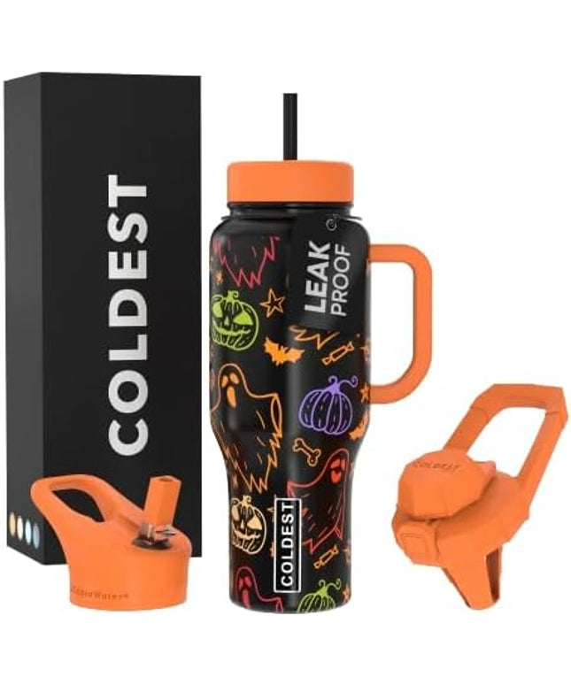 Coldest Tumbler with Handle and Straw, 100% Leak Proof Insulated Tumbler with Lid and Straw (3 Lids), Stainless Steel Tumblers for Women & Men, Cup Holder Friendly Base, 36 oz (Eerie-sistible)