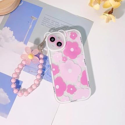 for iPhone 12 Pro Max Case, Cute Clear Blue Floral Bear Camera Lens Case with Lovely Flower Wrist Strap Bracelet Chain for Women Girly,Shockproof Cover-Pink