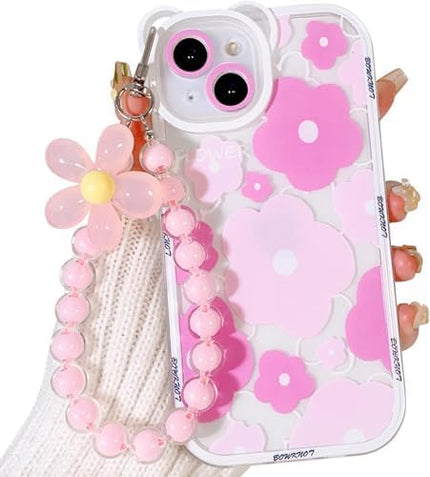 for iPhone 16 Plus Case, Cute Clear Blue Floral Bear Camera Lens Case with Lovely Flower Wrist Strap Bracelet Chain for Women Girly,Shockproof Cover-Pink