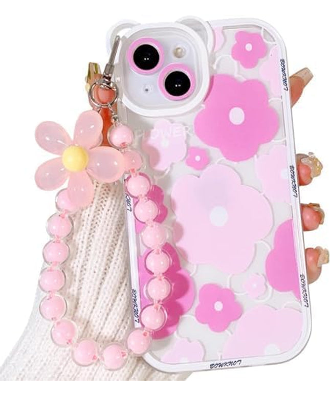 for iPhone 13 Pro Max Case, Cute Clear Blue Floral Bear Camera Lens Case with Lovely Flower Wrist Strap Bracelet Chain for Women Girly,Shockproof Cover-Pink