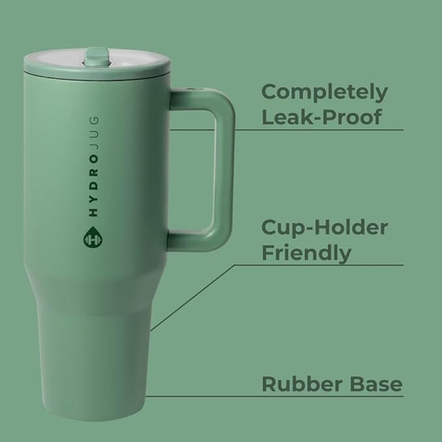 HydroJug Traveler - 40 oz Water Bottle with Handle & Flip Straw - Fits in Cup Holder, Leak Resistant Tumbler-Reusable Insulated Stainless Steel & Rubber Base - Gifts for Women & Men, Sage