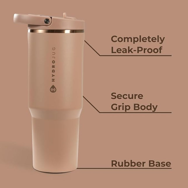 HydroJug Sport - Stainless Steel Tumbler with Straw, Vacuum Insulated, 40oz Leakproof Water Bottle, Ergonomic Design, Reusable, Dishwasher Safe, Rubber Base, Durable for Gym or Outdoors, Caramel