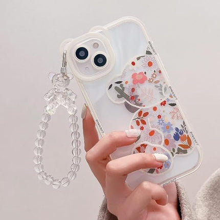 for iPhone 16 Plus Case Clear Cute Flower Bear with Pearl Chain for Girls with Bear Ears Soft TPU Shockproof Protective Girly -Flower Bear