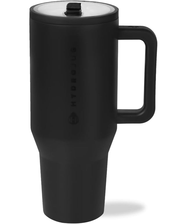 HydroJug Traveler - 40 oz Water Bottle with Handle & Flip Straw - Fits in Cup Holder, Leak Resistant Tumbler-Reusable Insulated Stainless Steel & Rubber Base - Gifts for Women & Men, Black