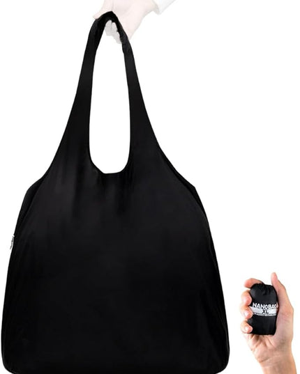 Nanobag Ultralight Heavy Duty Foldable Tote for Women & Men, Reusable Grocery & Travel Bag, Packable Collapsible Compact Market Essential (XL Black)